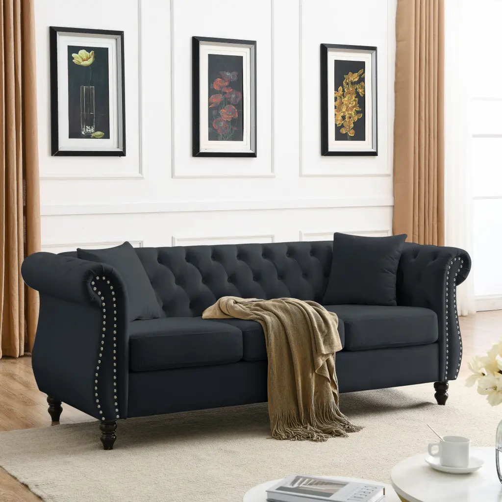 80 Inch Chesterfield Sofa Black Velvet 3 Seater Living Room welike furniture