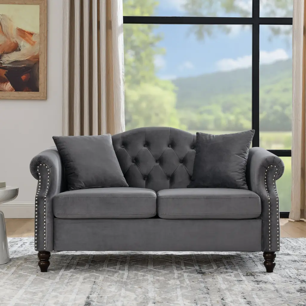 57 Inch Chesterfield Sofa Grey Velvet 2 Seater Sofa Living Room welike furniture