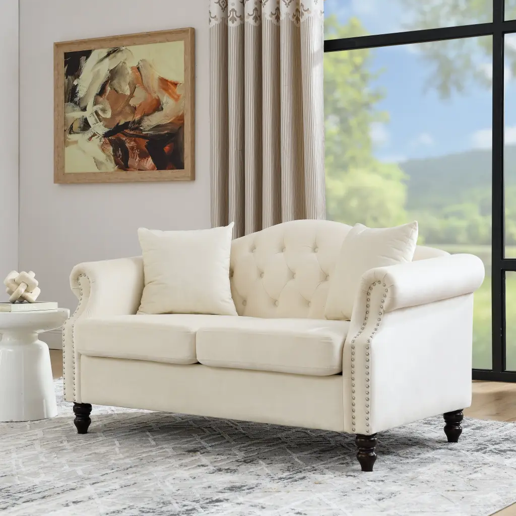 57 Inch Grey Velvet Chesterfield 2 Seater Sofa Living Room welike furniture