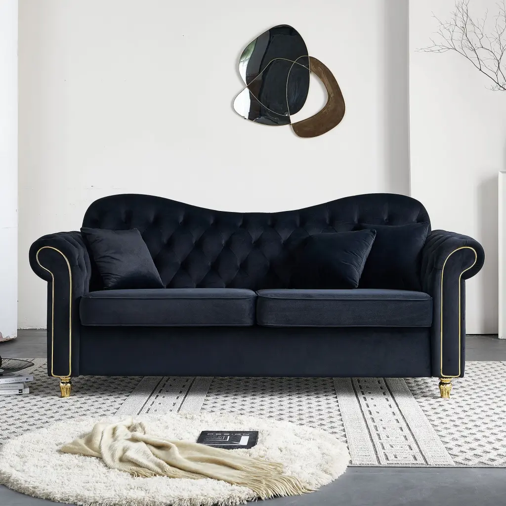 82.68 Inch Mid Century Modern Velvet Couch Chesterfield Sofa Living Room wq furniture