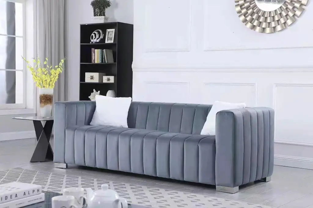Modern Channel Sofa Grey Chesterfield Style 3-Seater Living Room Couch homarni furnishings inc.---w1099