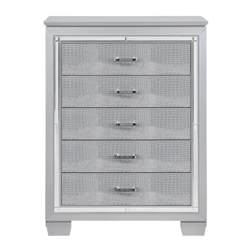 Glamourous Silver Finish 1Pc Chest 5 Dovetail Drawers Faux Alligator kanepe