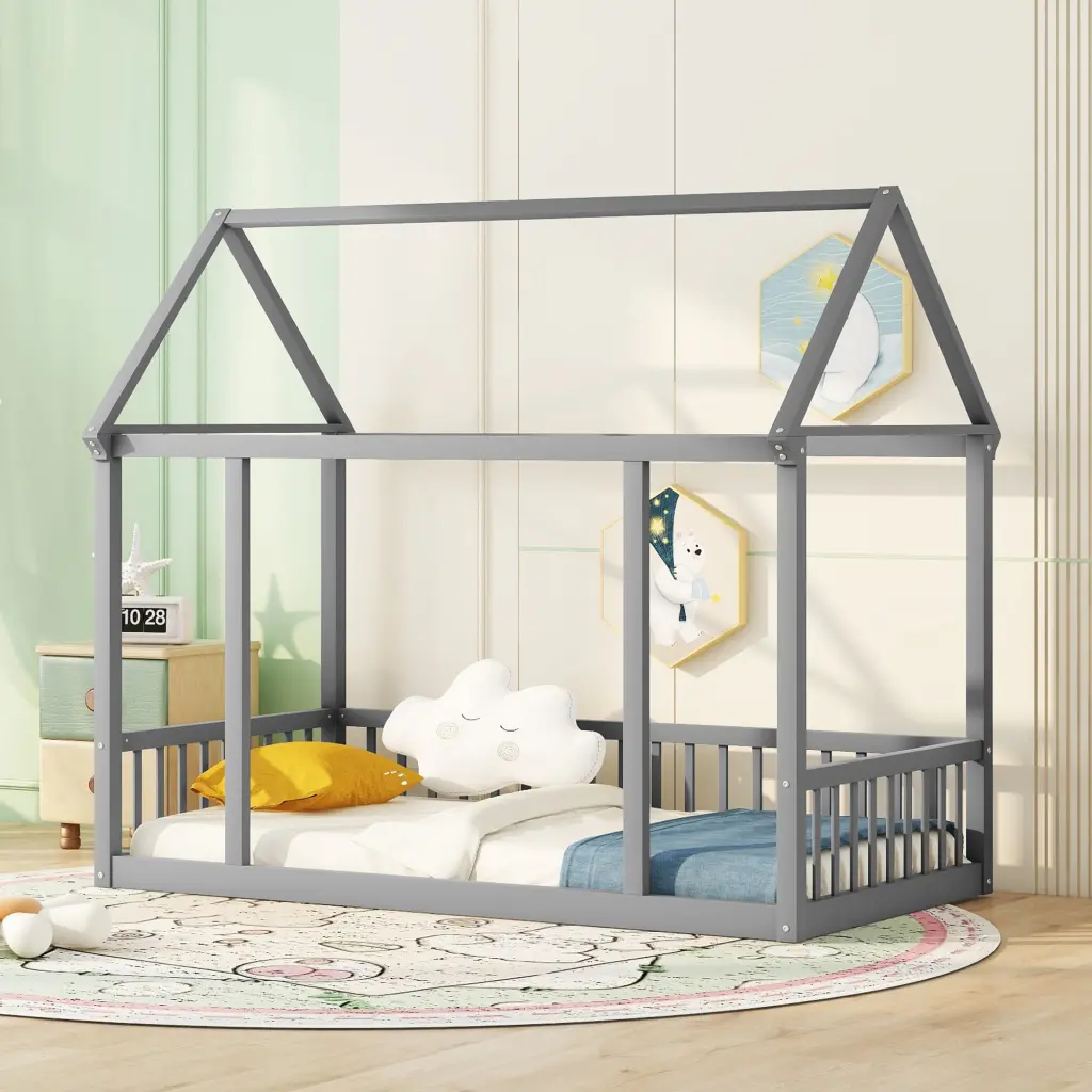 Twin Size Floor Wooden Bed Houtilize Roof Frame and Safety Guardrails bonwell