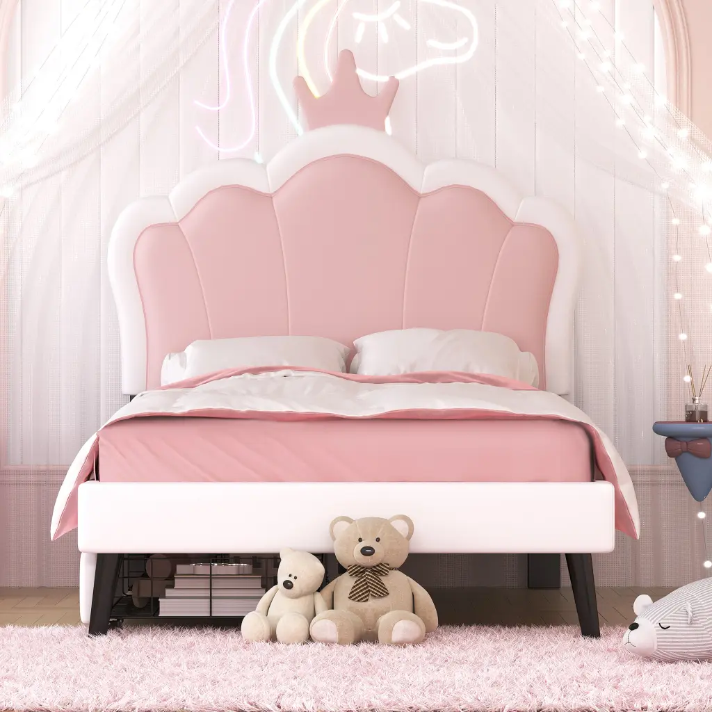Twin Size Upholstered Princess Bed Crown Headboard and 2 Drawers homey life