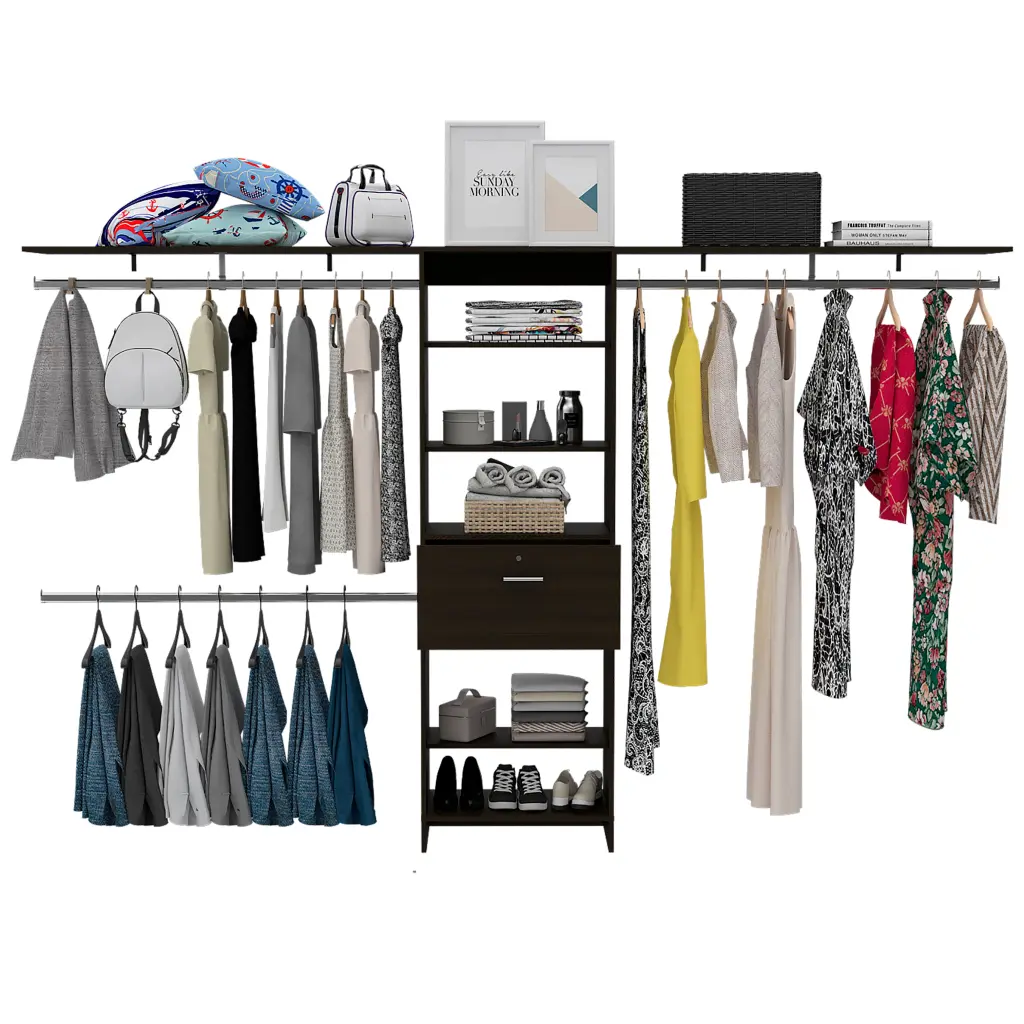 Bergen 1 Drawer 4 Shelf Closet System Dark Walnut Black Particle Board furniture max