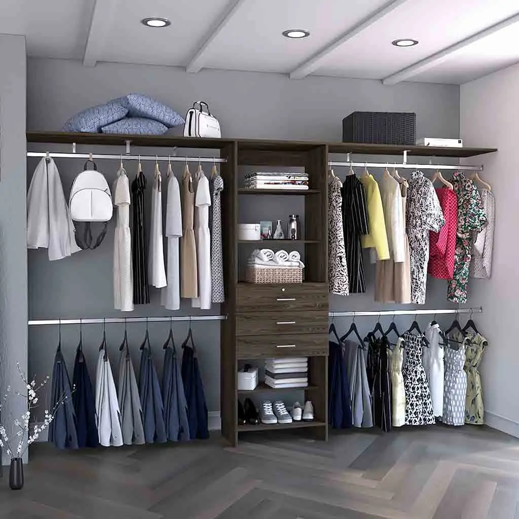 Plego 69"W 118"W Drawers Closet System Five Shelves and Four Hanging Rods tuhome
