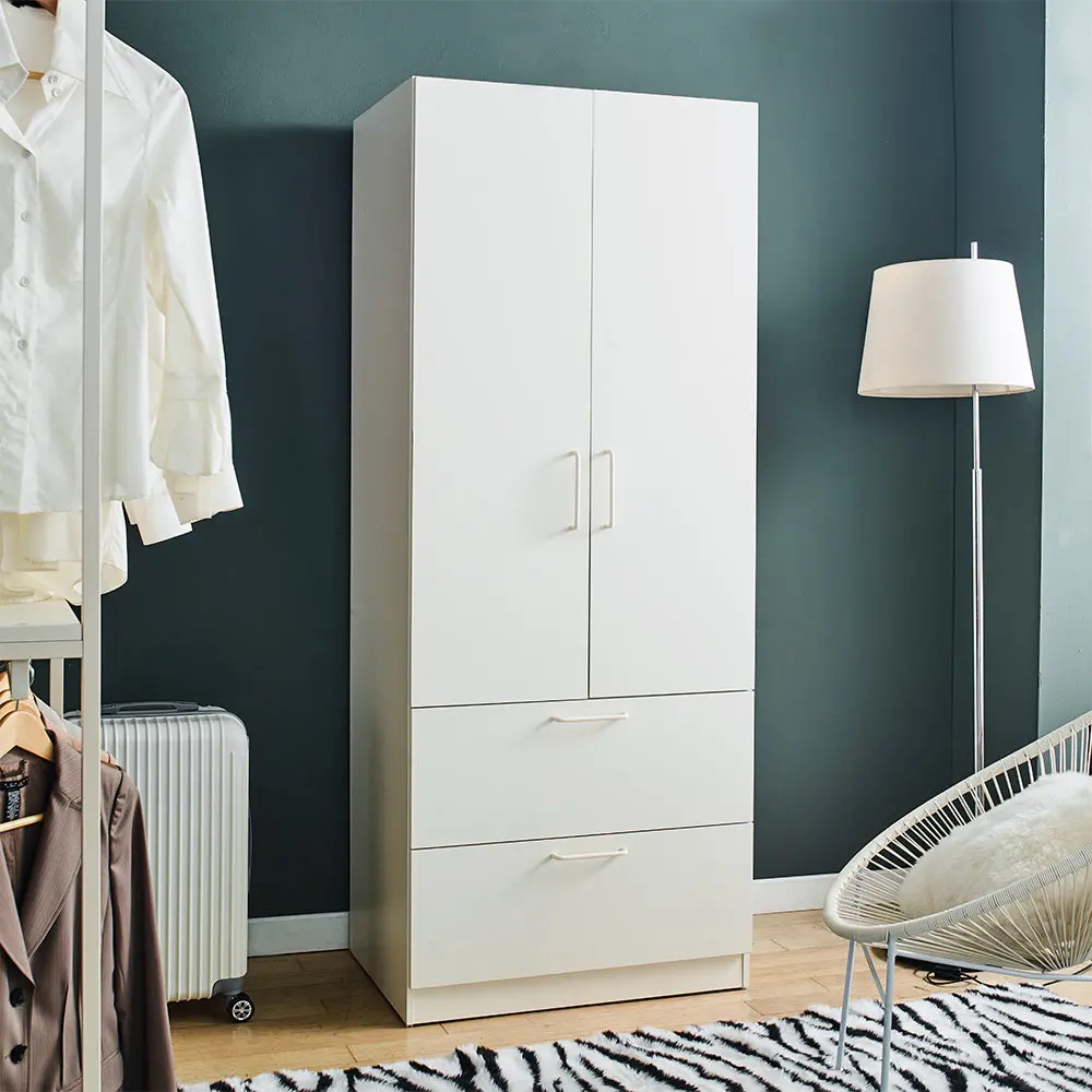 Emma Two Door Timber Closet Two Drawers And Hanging Bars White klair living