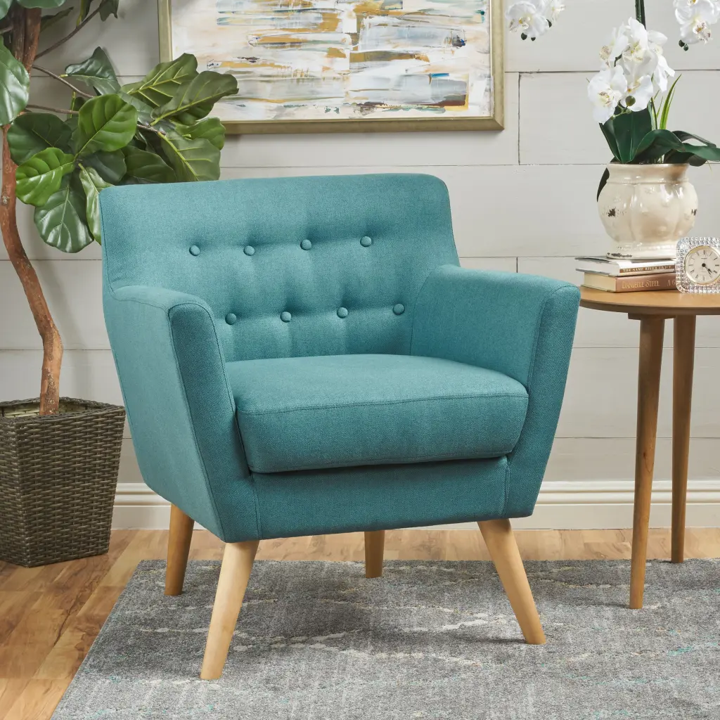 Mid Century Modern Club Chair Dark Teal Natural Teal Upholstered Fabric Lounge Chair nh-cozy home-can