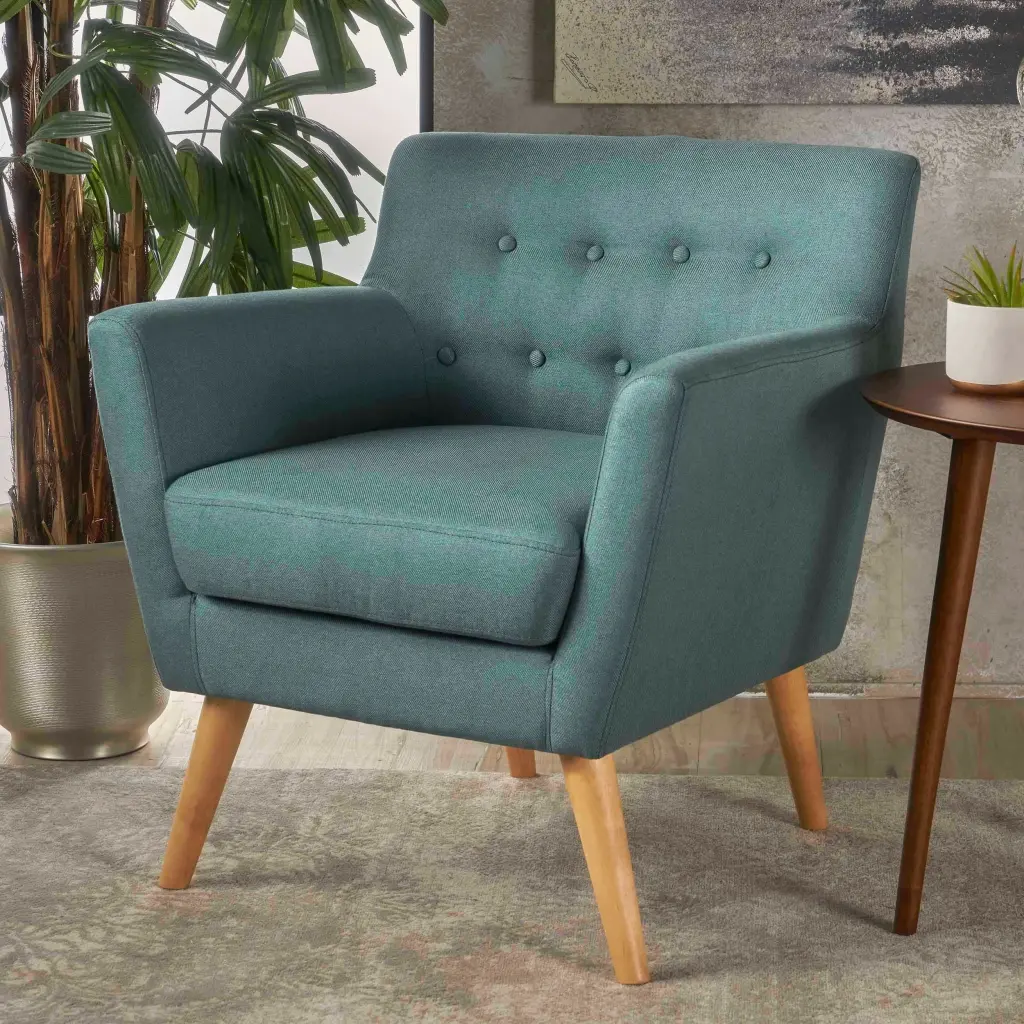 Mid Century Modern Club Chair Dark Teal Natural Teal Fabric nh-cozy home