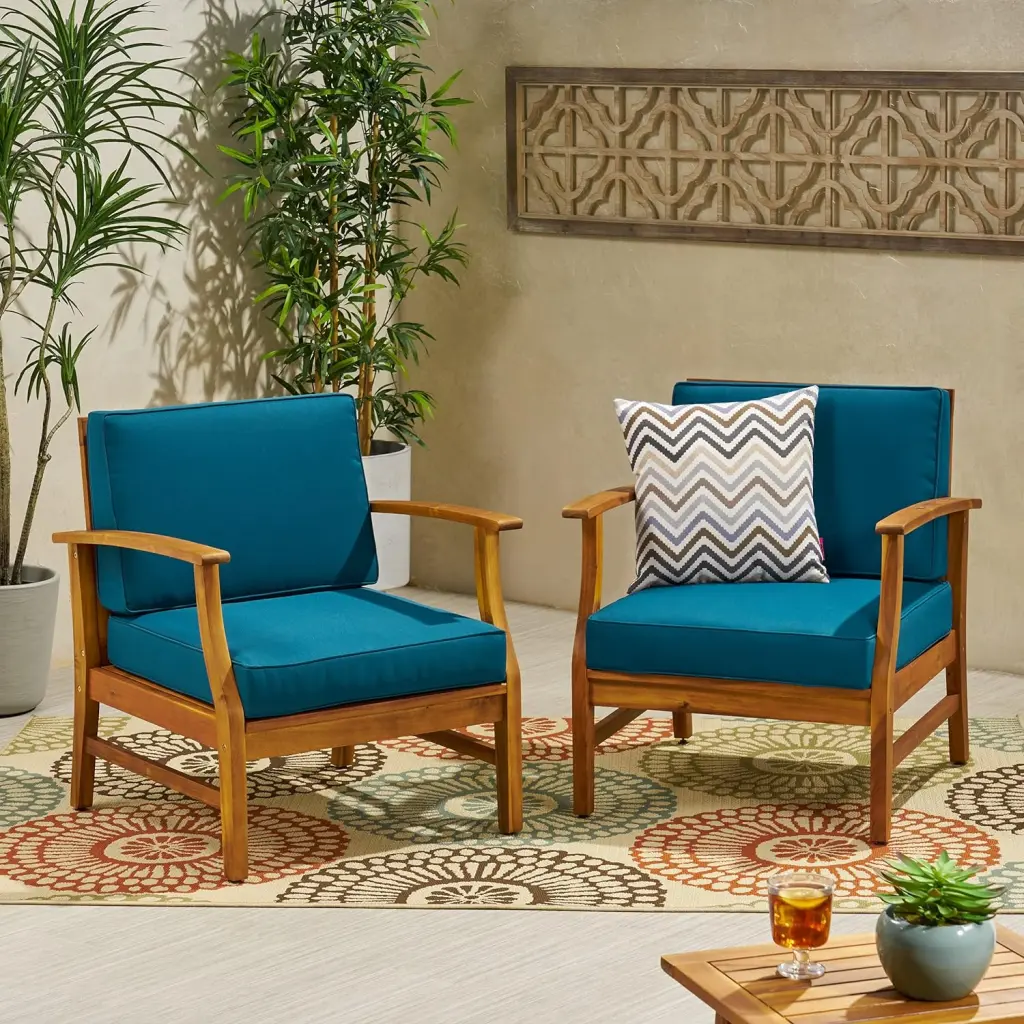 Perla Club Chairs Set 2 Blue Acacia Wood Upholstered Lounge Chairs nh-gardenpara