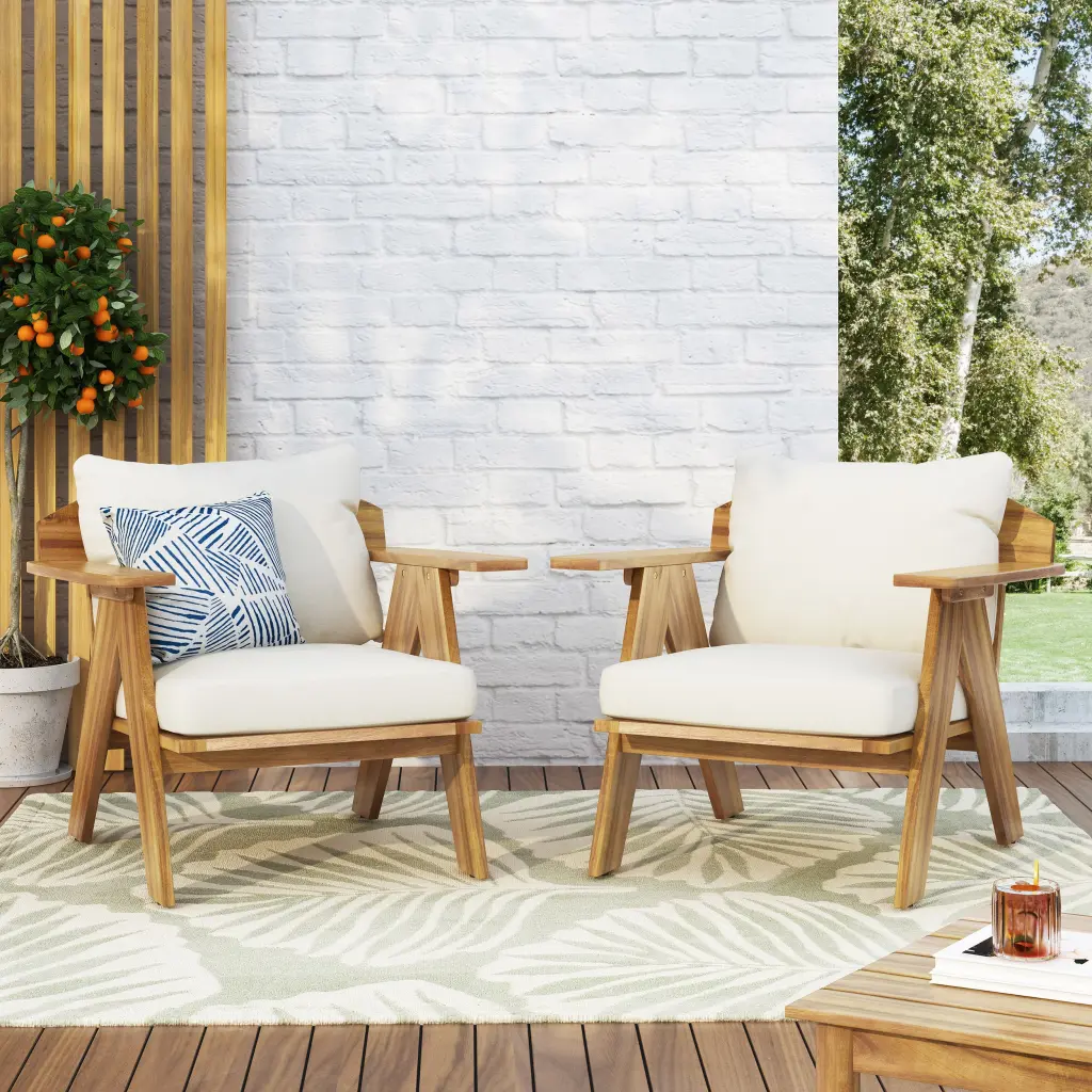 Outdoor Acacia Wood Club Chairs Cushions Set 2 Teak Finish nh-onfind