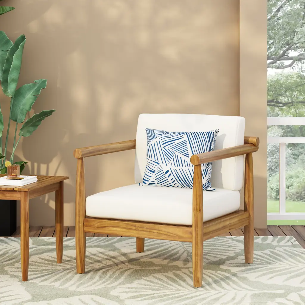 Bonsallo Club Chair Cream Brown Acacia Timber nh-perfect home