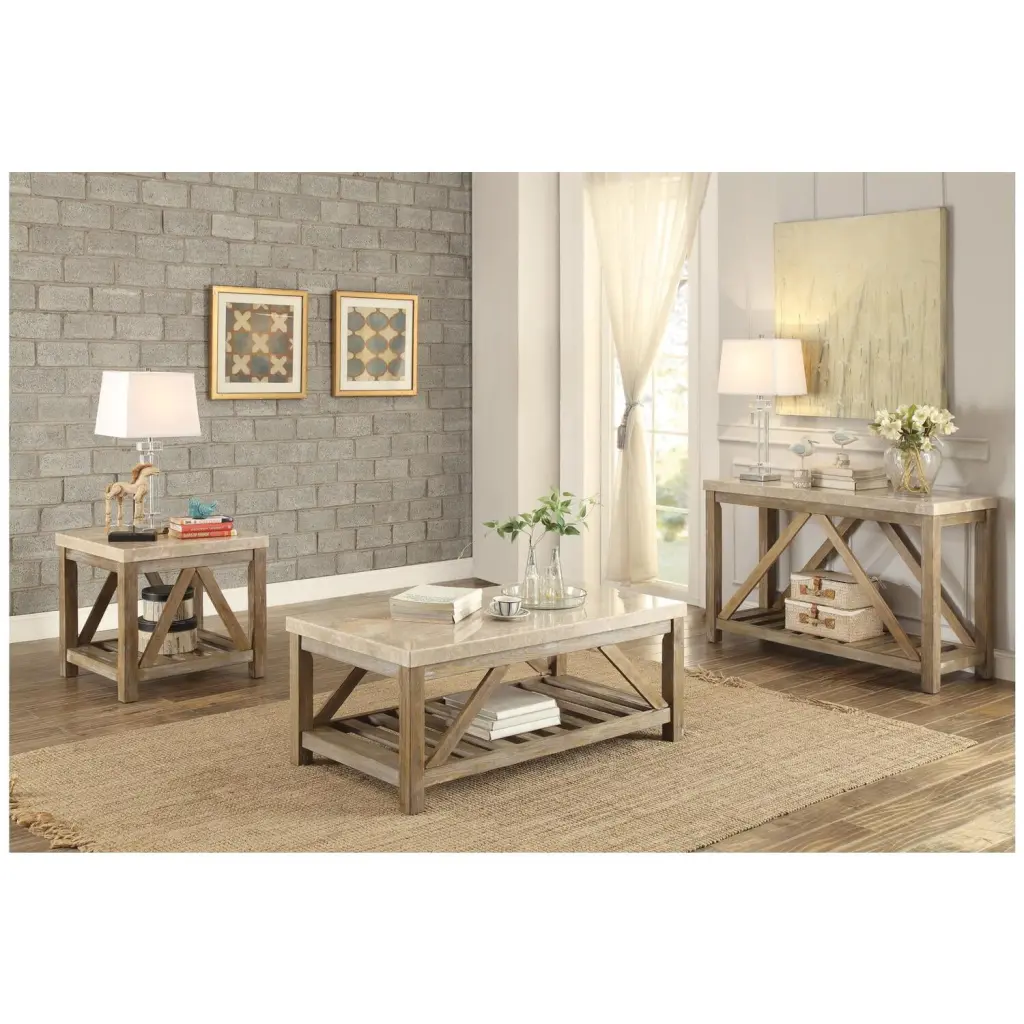 Benzara BM180003 20 x 26 x 48 Wooden Cocktail Table Marble Top Slated Bottom Shelf Gold Brown