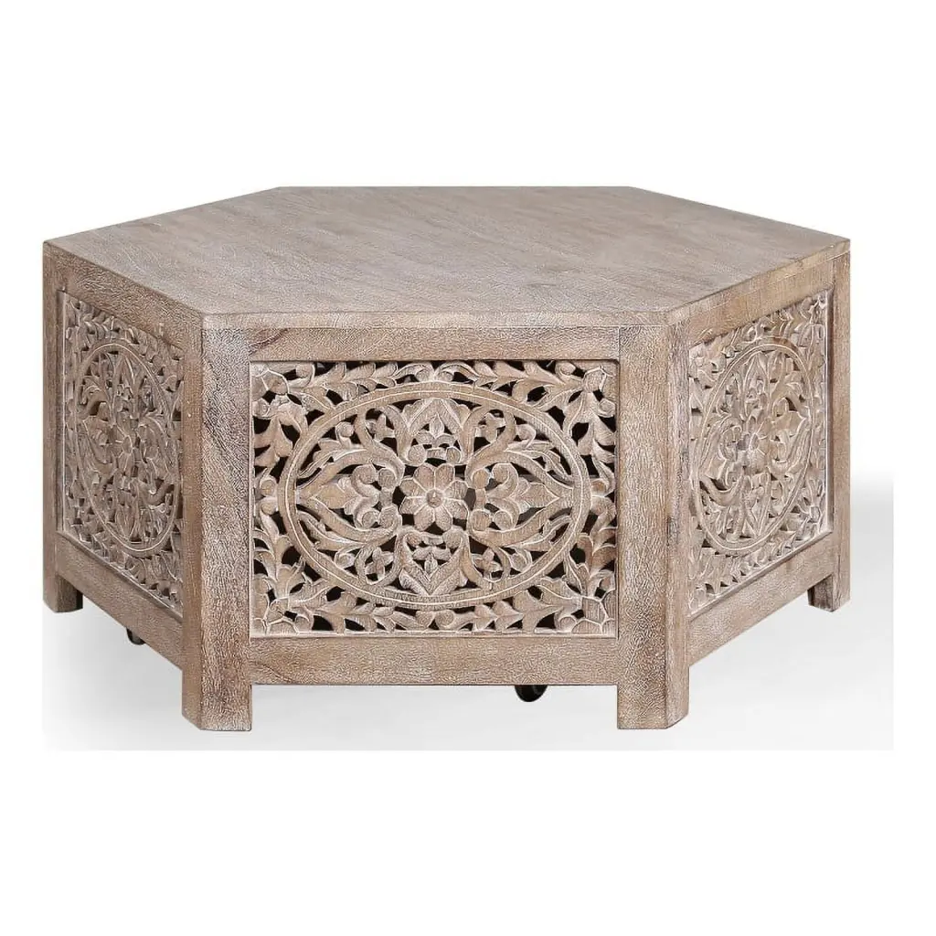 Bowery Hill Traditional Hexagonal Wood Cocktail Table Tan