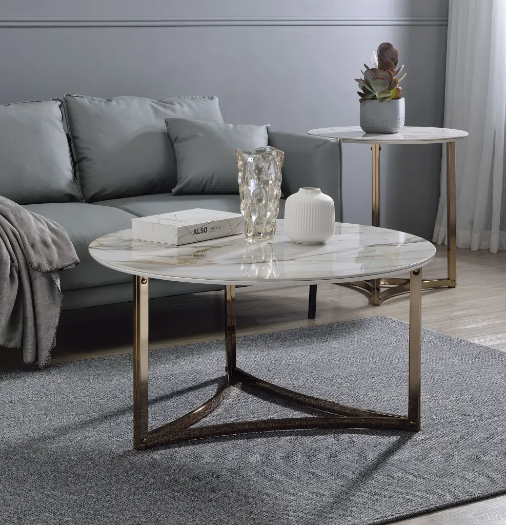 Aziz Coffee Table Sintered Stone Top and Champagne Finish White acme onsite store