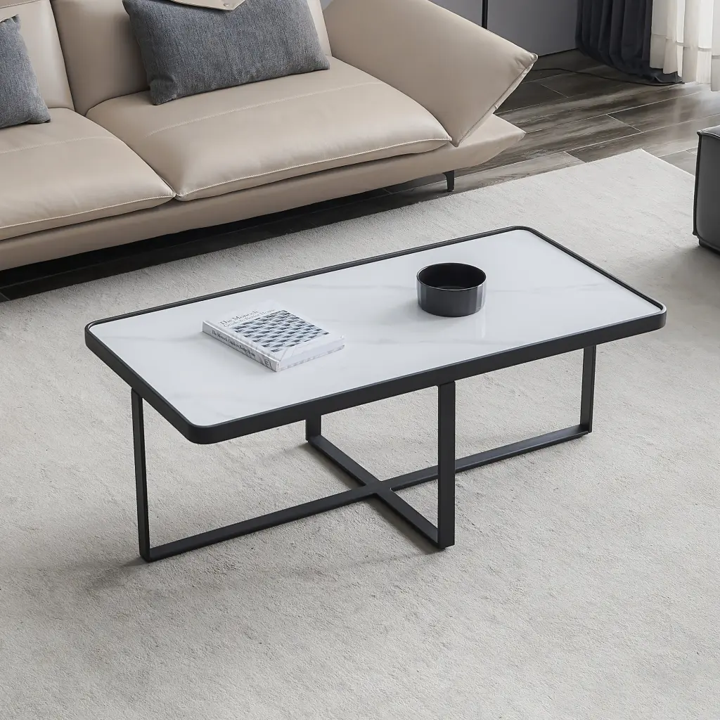 Minimalist Rectangle Coffee Table Black Metal Frame and Sintered Stone Top senge furniture