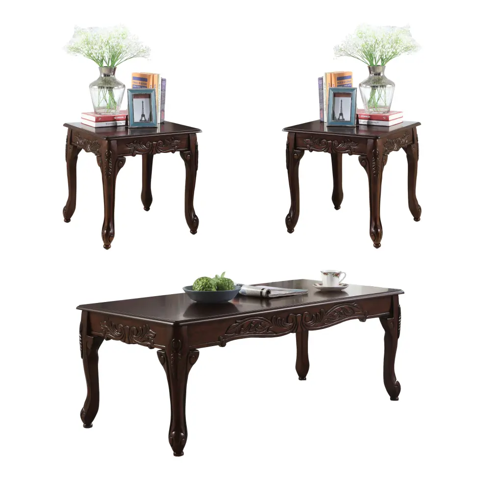 3 Piece Dark Cherry Finish Coffee and End Table Set Brown Living Room Furniture hz