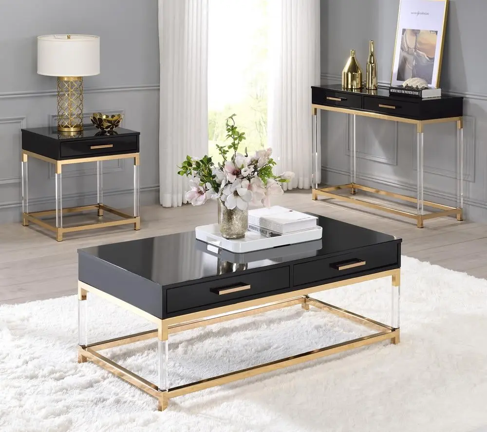 Modern Black Gold Coffee Table and 2 End Tables Set Acme Adiel 82345-3pcs