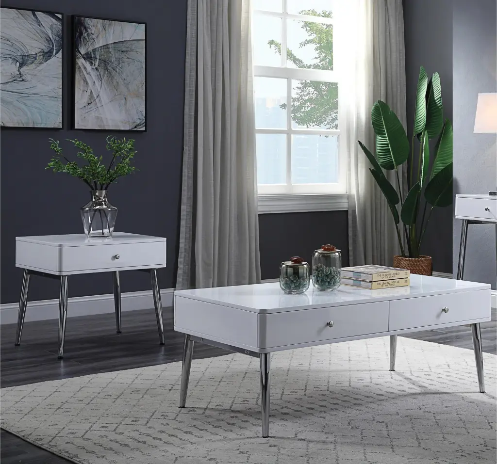 Modern White Chrome Coffee Table and 2 End Tables Set Acme Weizor 87150-3pcs