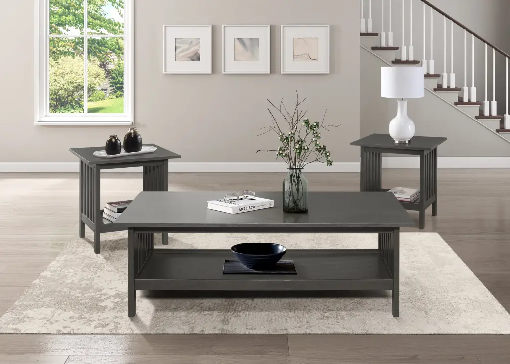 DeeHome Classic Style Coffee Table and Two End Table Set Antique Gray Finish 3pc Occasional Table Set
