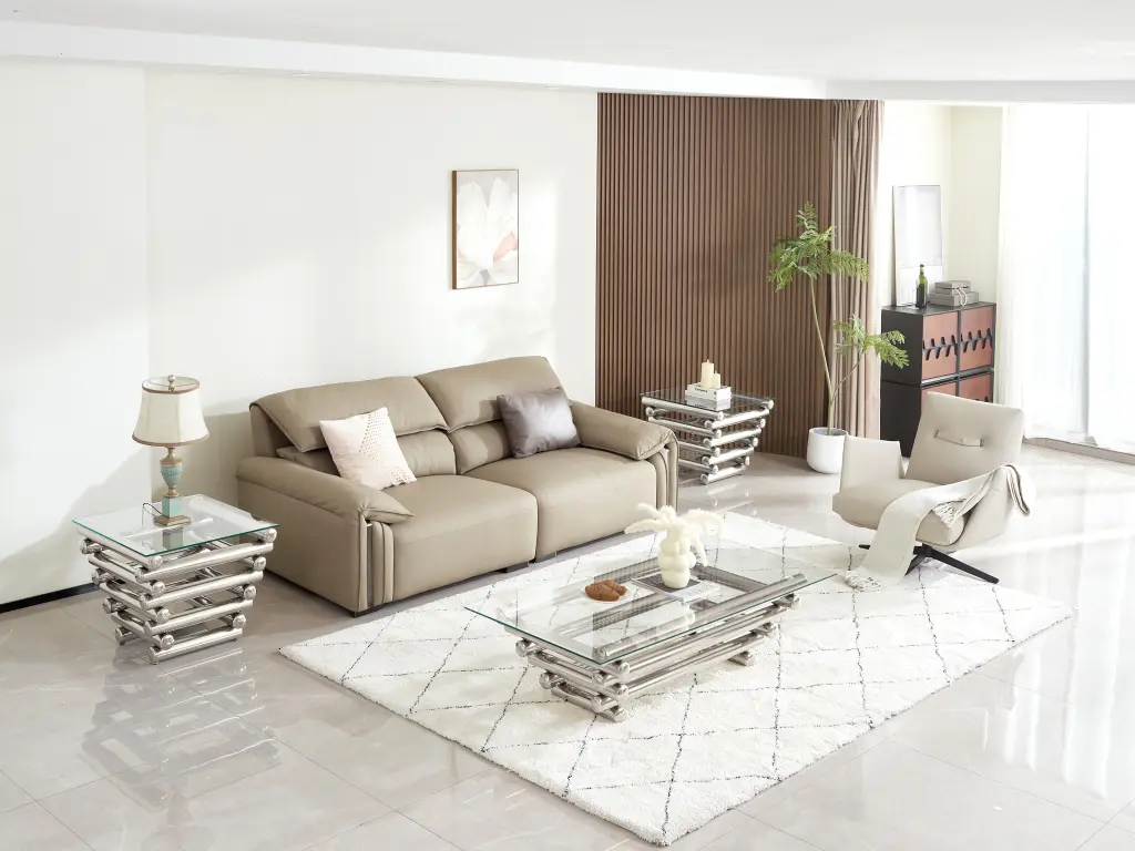 Modern Stainless Steel Coffee Table Set Clear Tempered Glass 3 Piece fjh