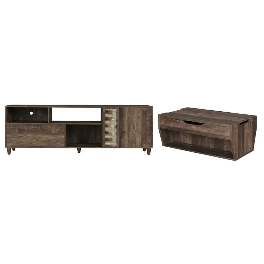 Edwards 2-Piece Oak Wood Storage Coffee Table and 70-Inch TV Stand Set Home Square