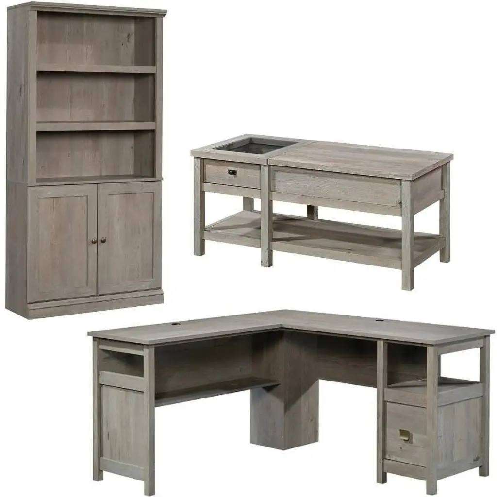 Home Square 3 Piece Set L Shaped Desk Wood Tall Bookcase and Coffee Table