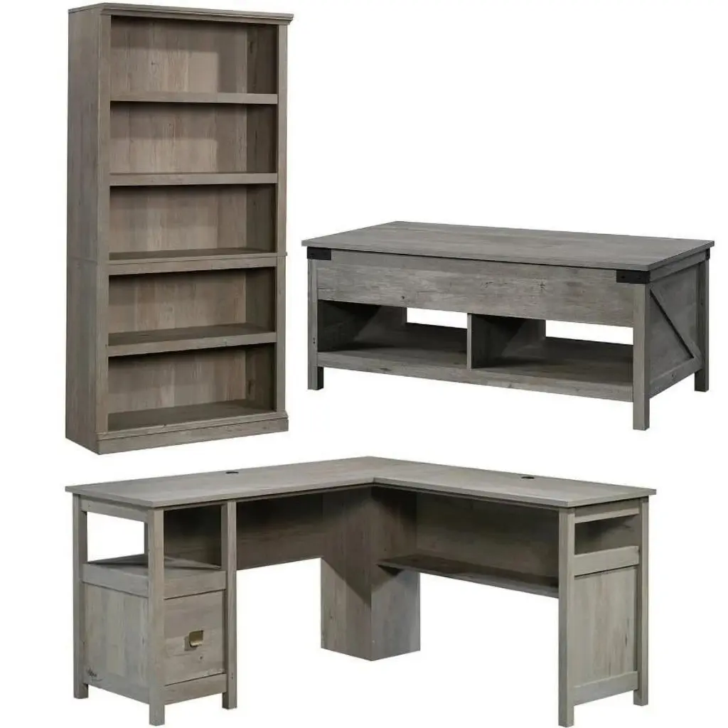 Home Square 3 Piece Set L Shaped Writing Desk 5-Shelf Bookcase and Coffee Table