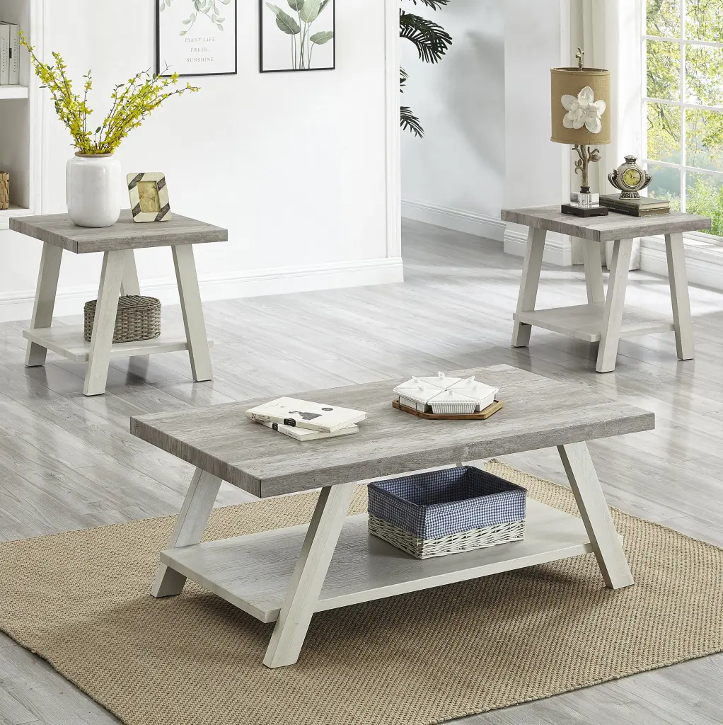 Athens Contemporary 3 Piece Wood Shelf Coffee Table Set Weathered Gray Finish hz