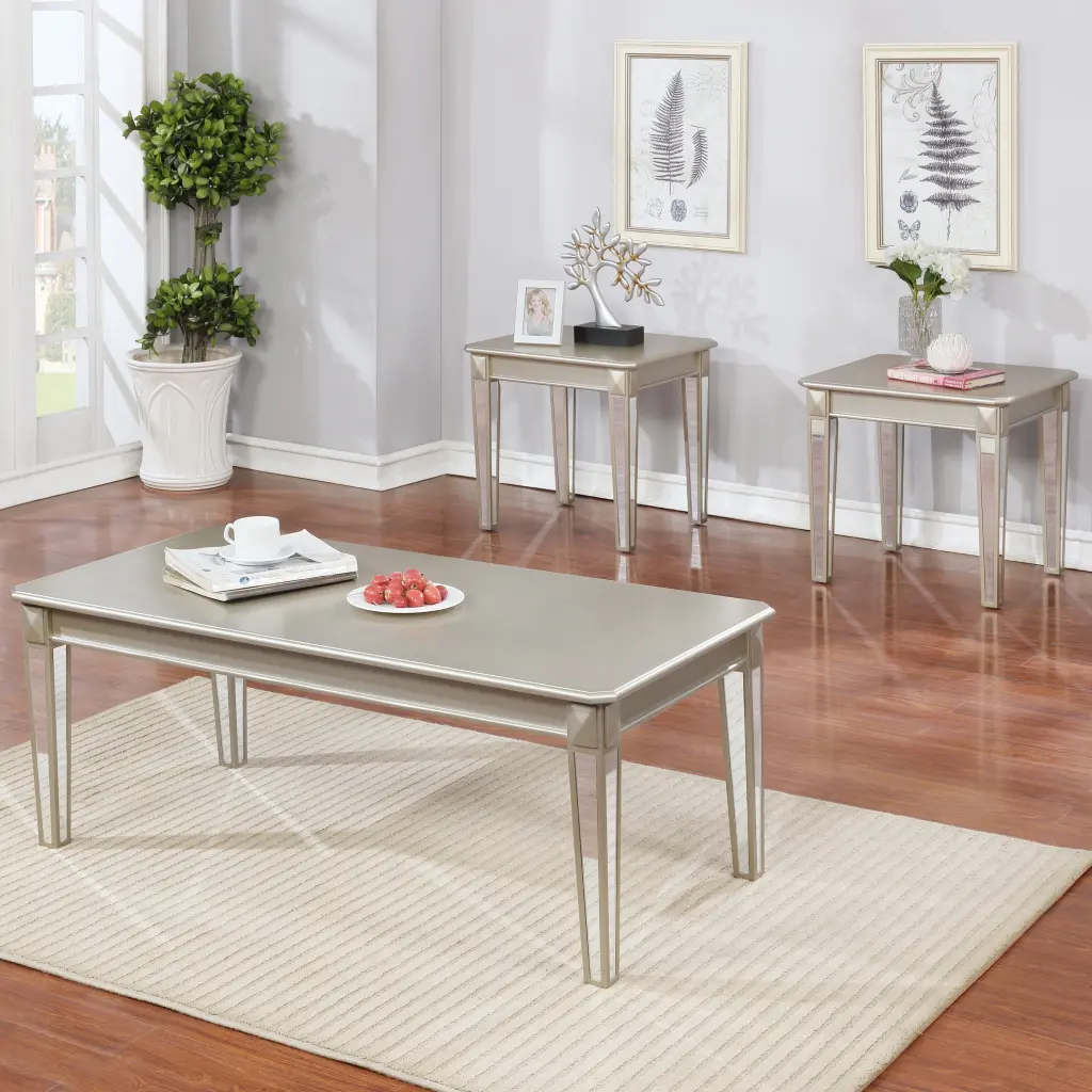 Barent Contemporary Wood 3 Piece Coffee Table Set Mirrored Legs hz