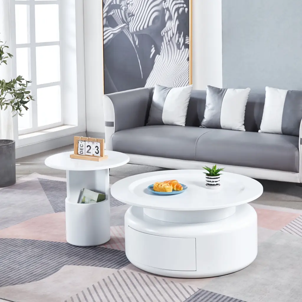 2 Piece White MDF Round Coffee Table Set Living Room and Bedroom Jamini