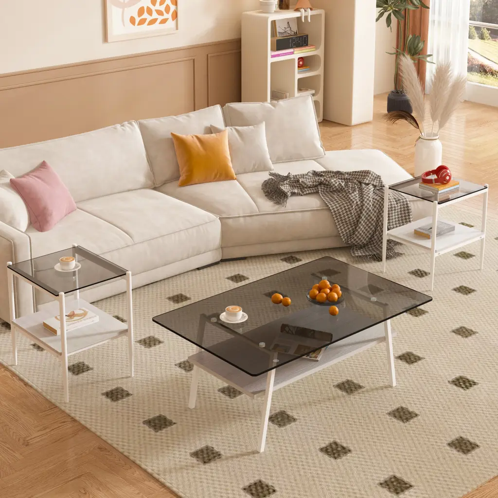 Coffee Table And End Tables Set 3 Tempered Crystal Table MDF Base jws-w241