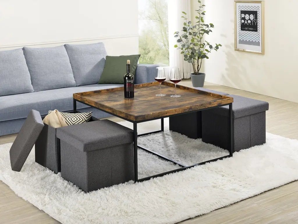 Vinny 35 Inch Weathered Oak Wood Grain 5 Piece Coffee Table Set Raise lilola home