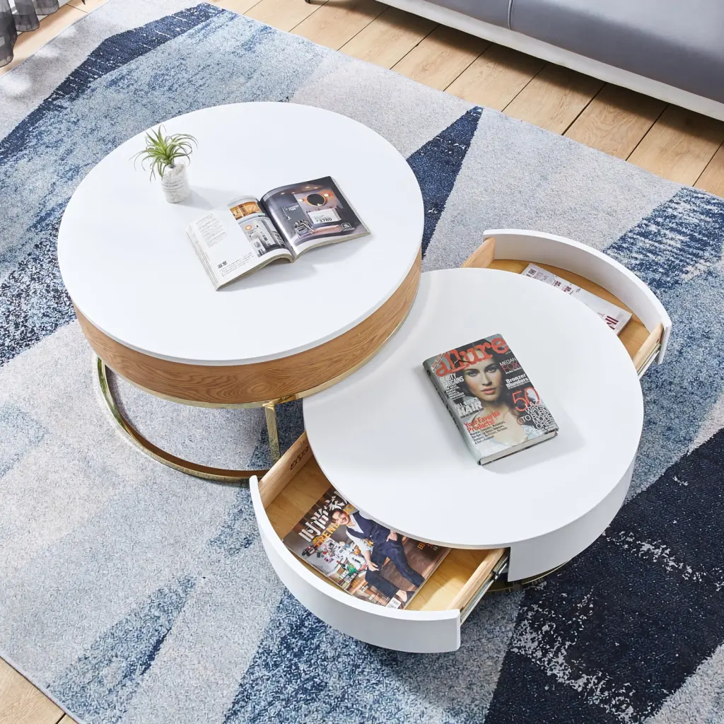 Miekor Furniture 2-Piece Coffee Table Set White Lacquer Finish Stainless Steel Base Gold Accents
