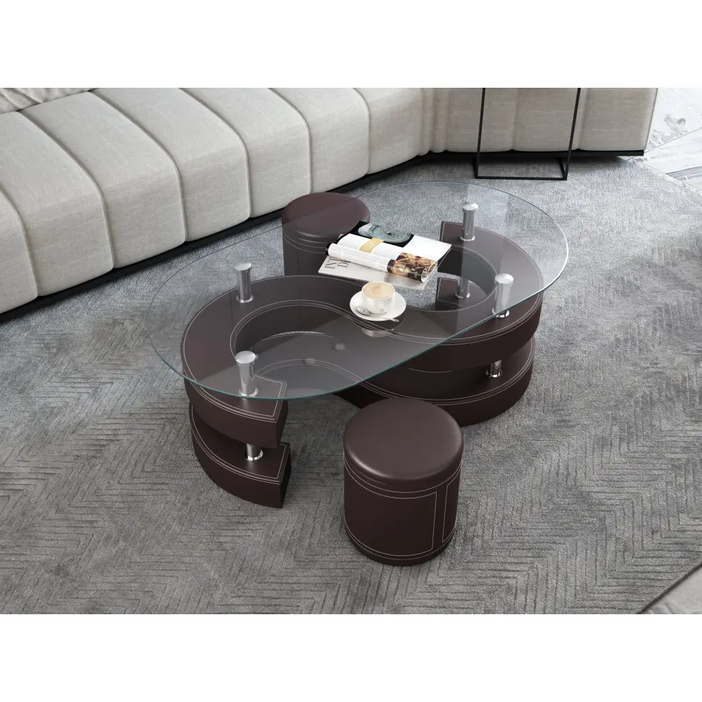 3 Pieces Coffee Table Set Oval 10mm Tempered Glass Table 2 Leather Stools Brown Miekor