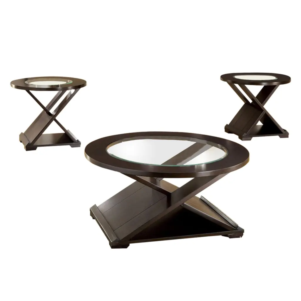 3 Piece Round Glass Coffee Table and End Table Set X Shaped Base Brown Saltoro Sherpi