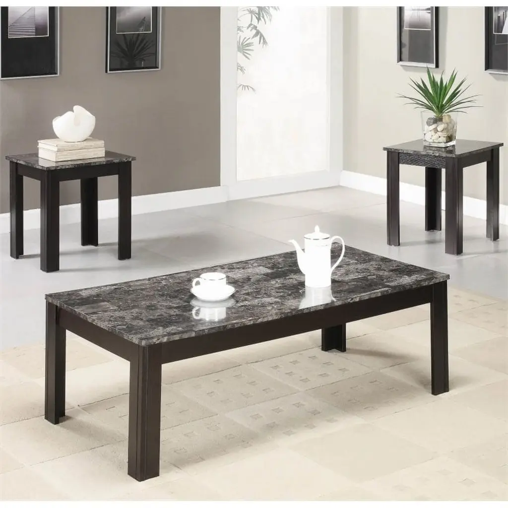 Stonecroft Furniture 3 Piece Faux Marble Top Coffee Table Set Black