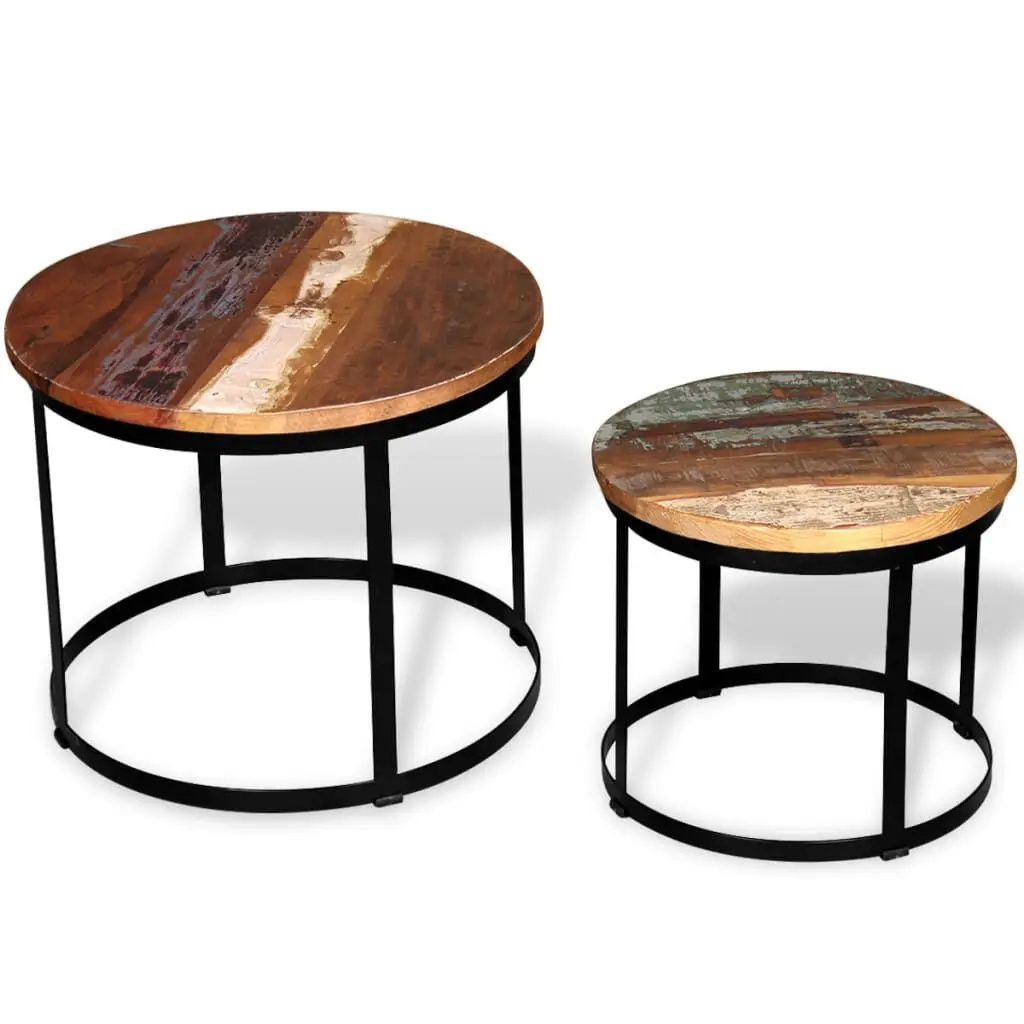 Two Piece Coffee Table Set Solid Reclaimed Wood Round 15.7 19.7 Inch