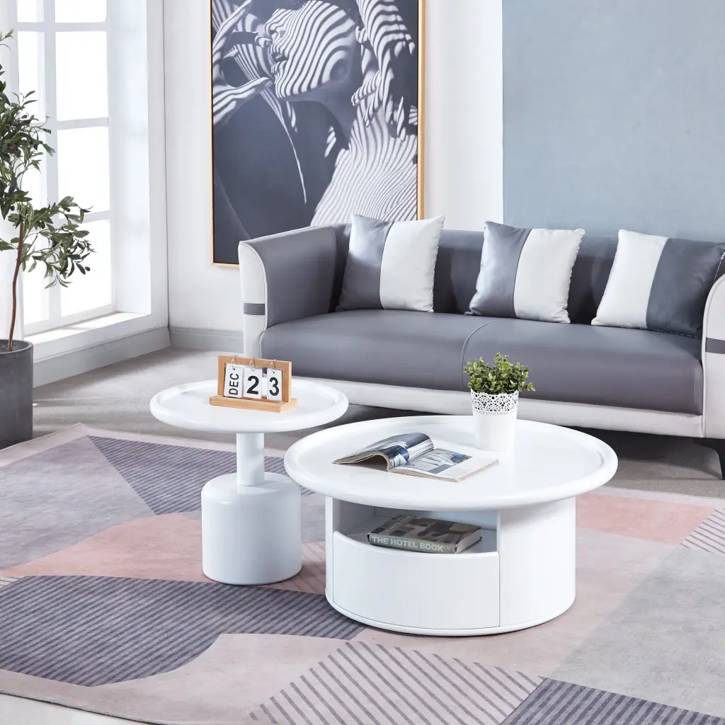 2 Piece White MDF Round Coffee Table Set Living Room and Bedroom w1241 artisan furniture