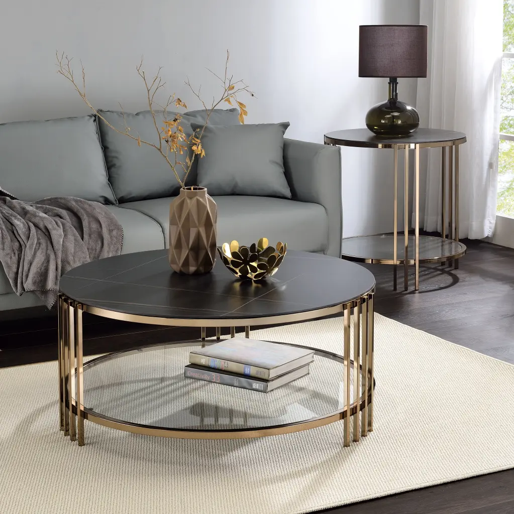 Abisha Coffee Table Sintered Stone Top and Champagne Finish Black acme onsite store