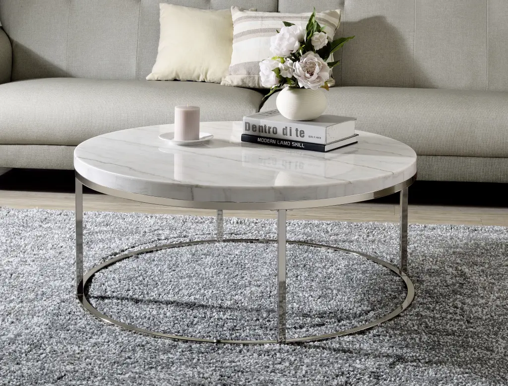 Zaidee Coffee Table Natural Marble Top Nickel Finish White acme onsite store