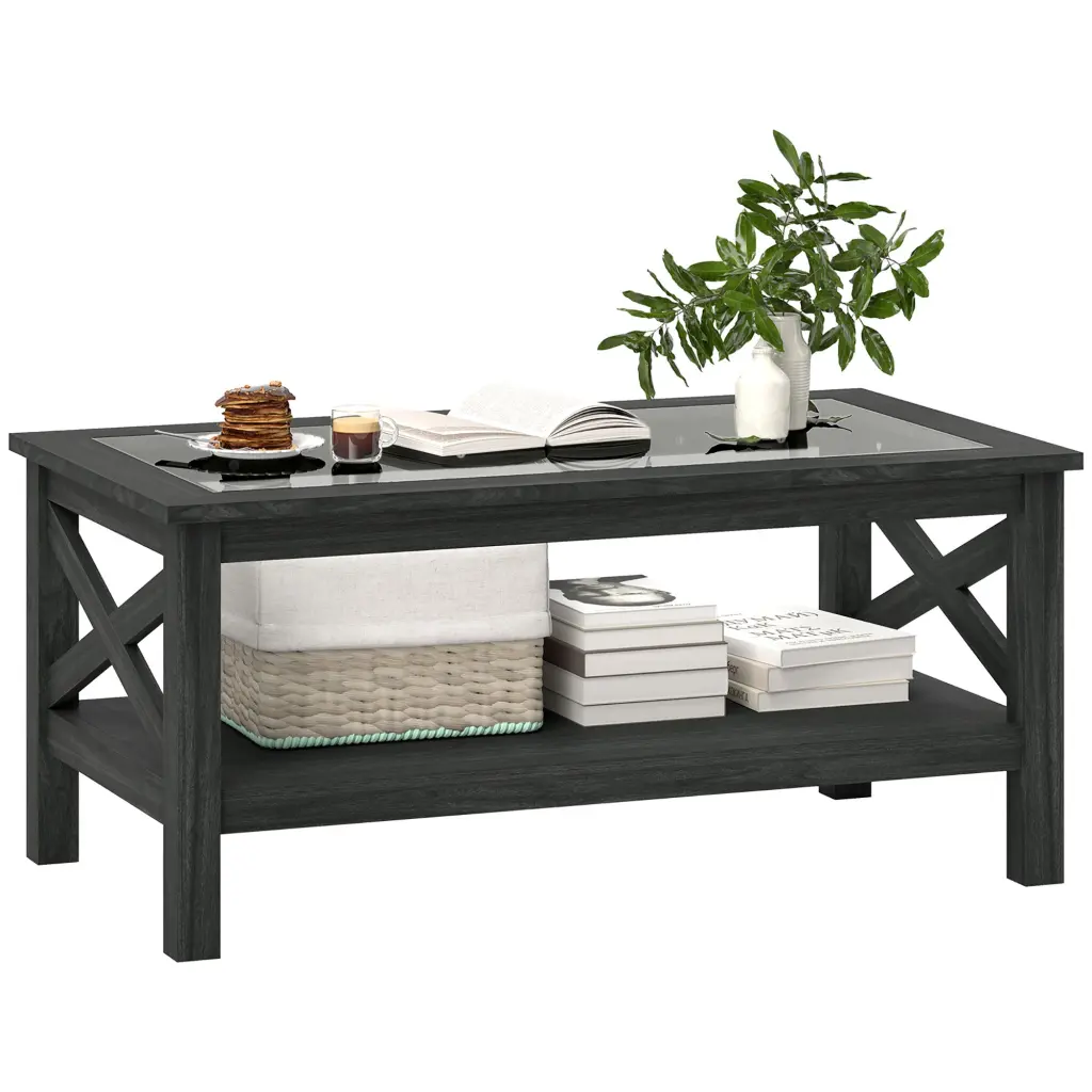 Homcom Glass Coffee Table Modern Farmhouse Center Table Storage aosom business