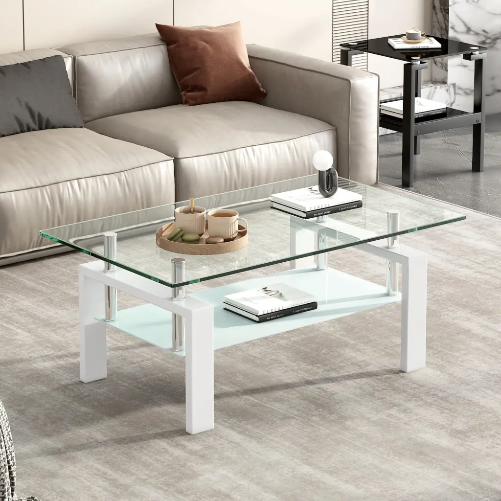 Tempered Clear Glass Coffee Table 2 Tier Modern Living Room Center Table cj furniture-----w1718