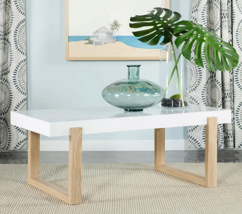 Pala Rectangular Coffee Table Sled Base White High Gloss and Natural Coaster Company