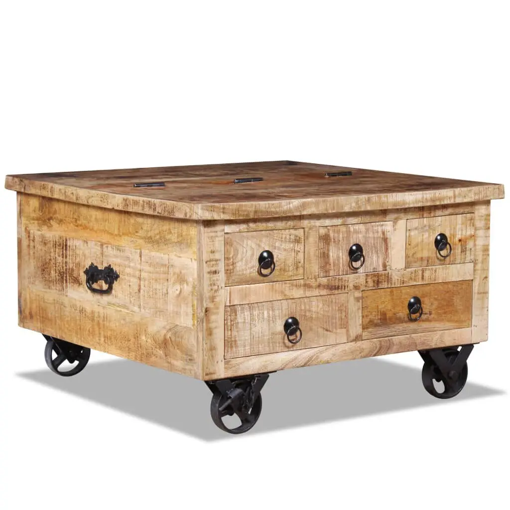 Coffee Table Rough Mango Wood 27.6x27.6x15.7 Inch Rustic Living Room Table