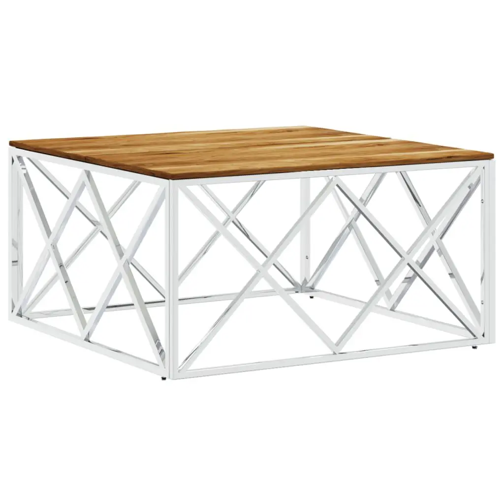 Coffee Table Silver Stainless Steel and Solid Wood Acacia Living Room Table