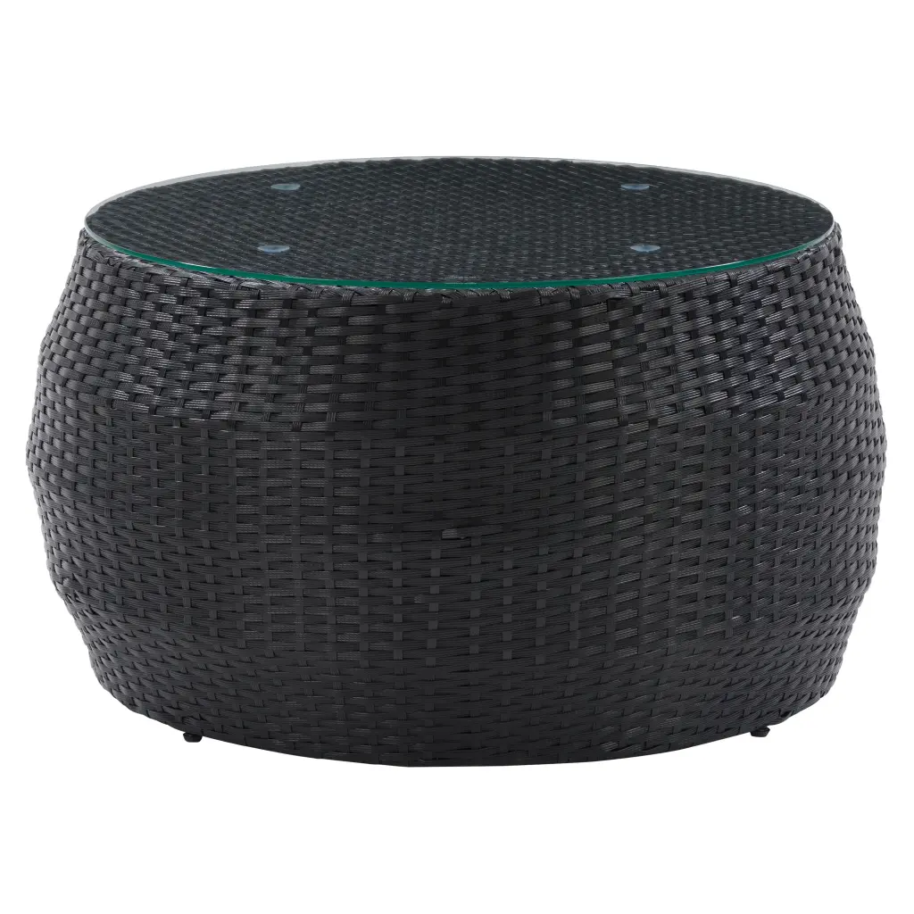CorLiving Parksville Black Rattan Outdoor Coffee Table Round Glass Top Patio Balcony and Backyard