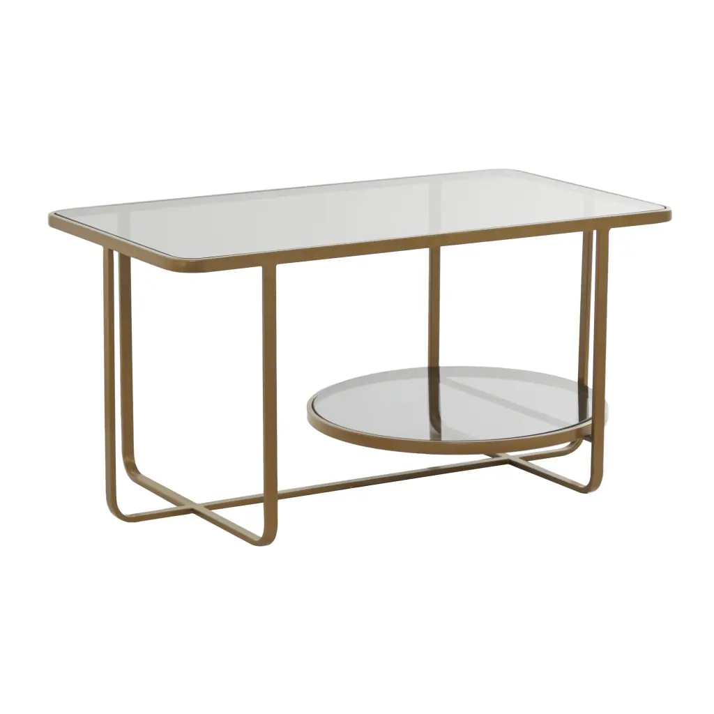 DecMode 36 x 18 Gold Metal Coffee Table Mirrored Glass Top and Shelf