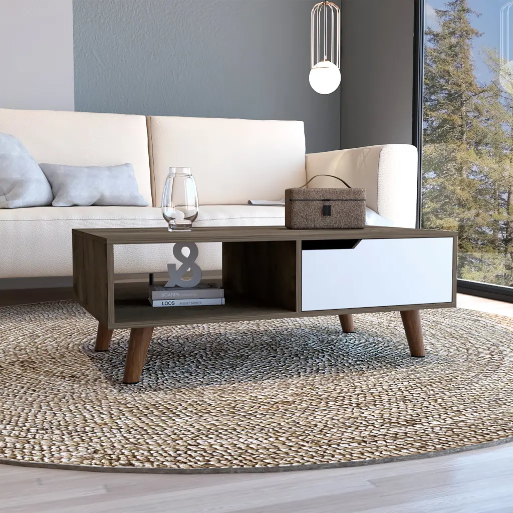 Coffee Table Open Shelf and Drawer Dark Brown Modern End Table depot e-shop