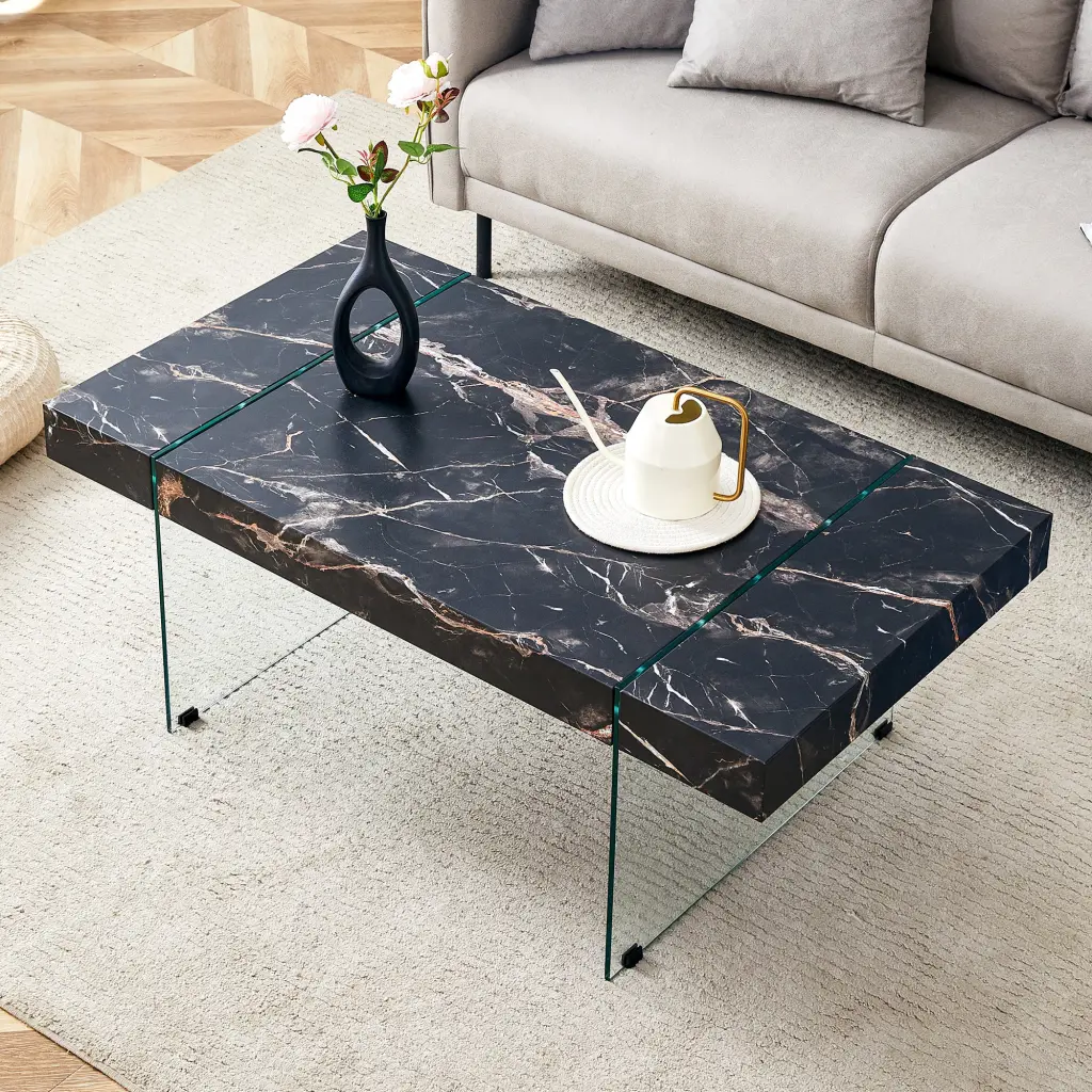 43.3x23.6 Inch Black Marble Patterned MDF Coffee Table Tempered Glass droom w-1151